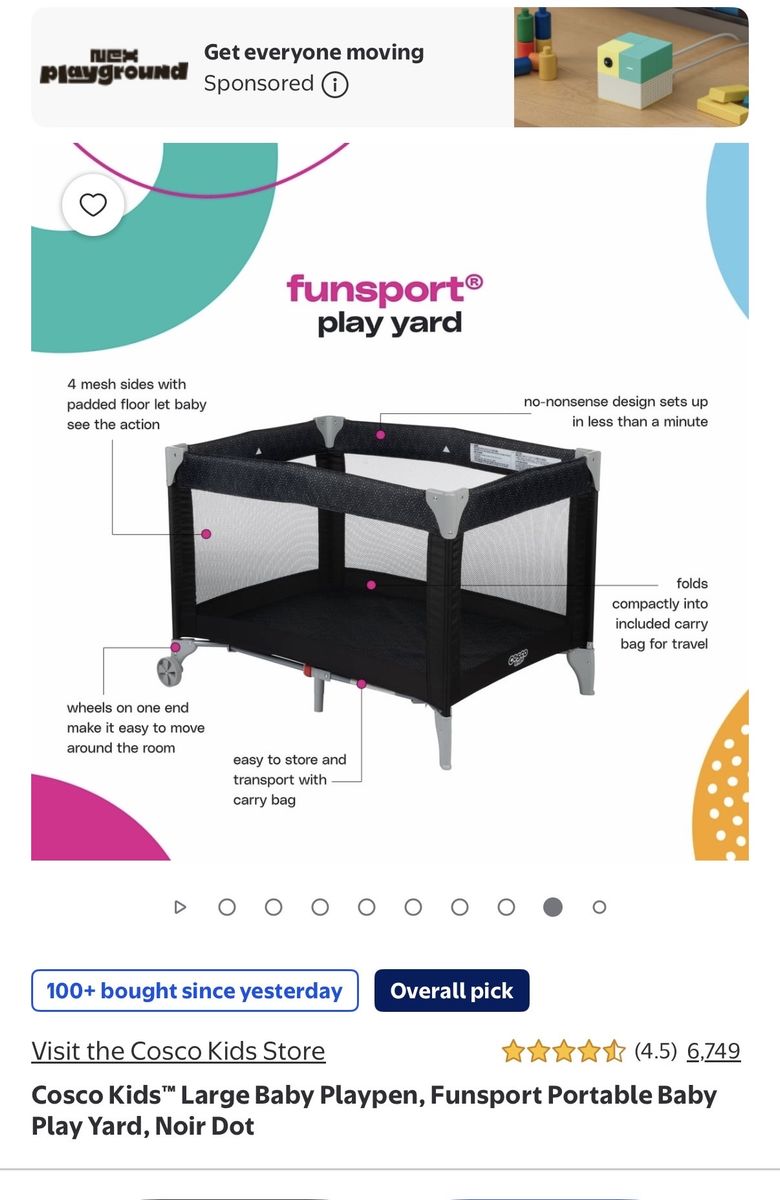 Cosco Kids FunSport Play Yard - Portable Baby Playpen in Noir Dot - New