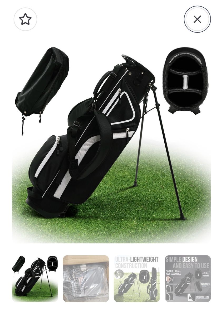 Ultralight Golf Stand Bag - Black & White, 3 Way Divider, Auto Stand - New