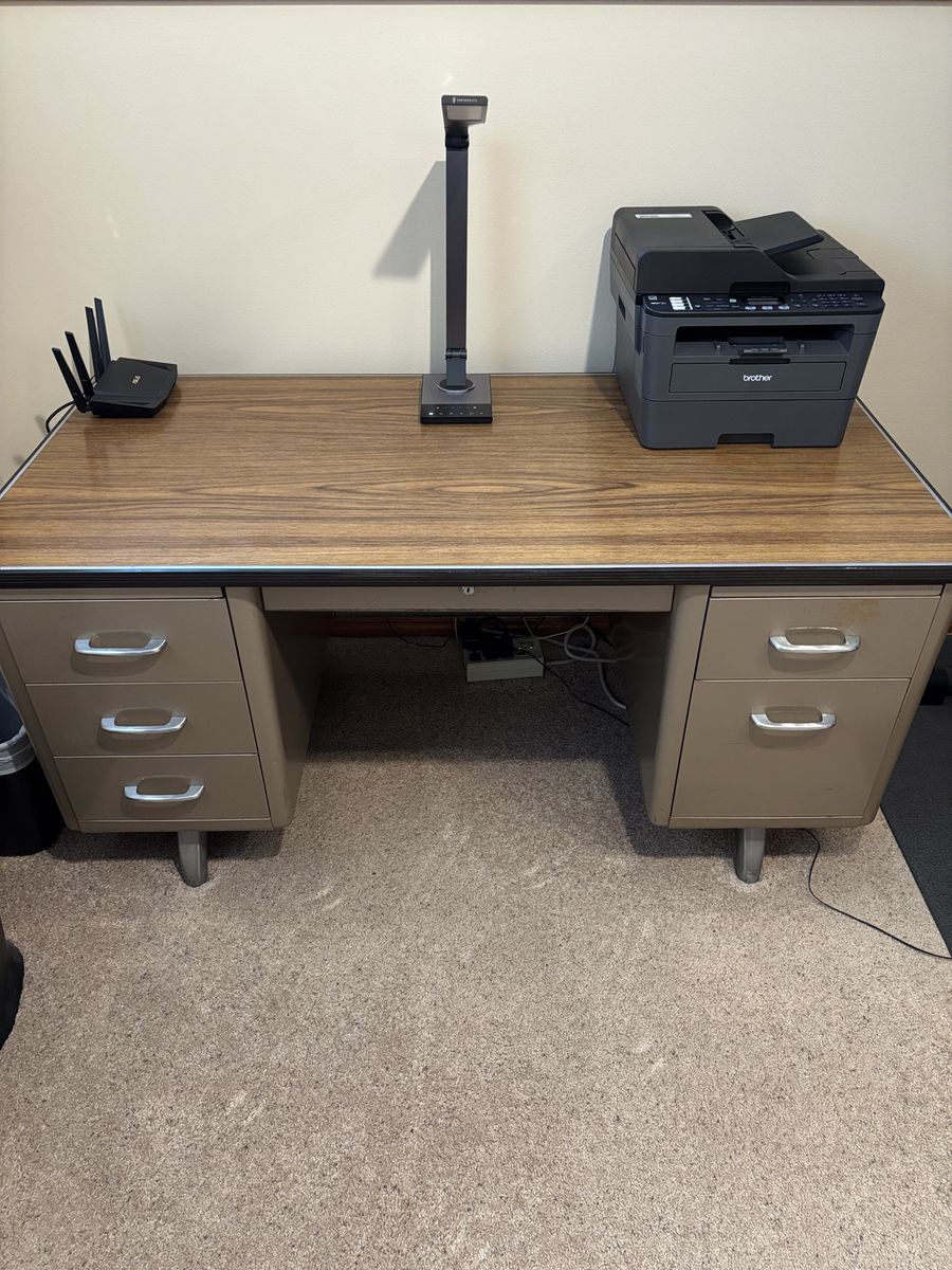 All-Steel Metal Tanker Desk Wood Laminate Top Industrial Tan. Comparable to SteelCase.