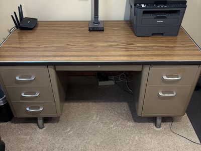 All-Steel Metal Tanker Desk Wood Laminate Top Industrial Tan. Comparable to SteelCase.