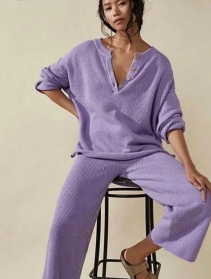 Free People Beach Hailee Sweater Two Piece Set Top Crop Wide Leg Pant Lilac XS