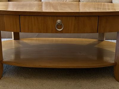 Oval Wooden Coffee Table with Storage Drawer and Lower Shelf