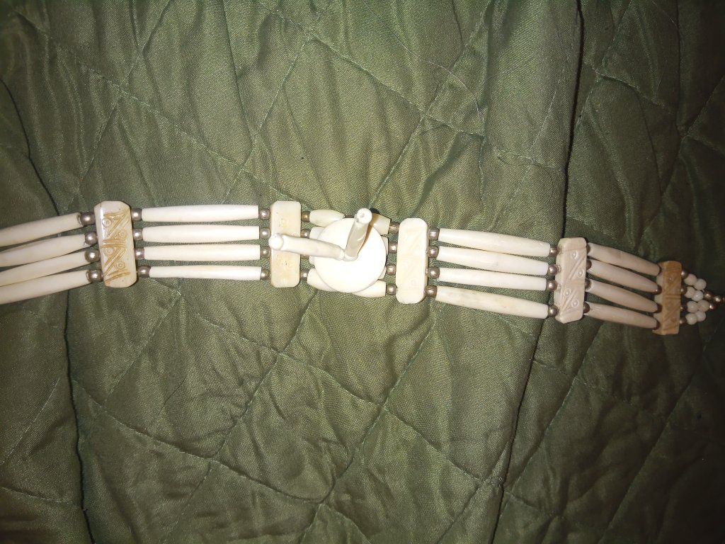 Handmade Bone Choker Necklace with Carved Centerpiece and Brass Accents
