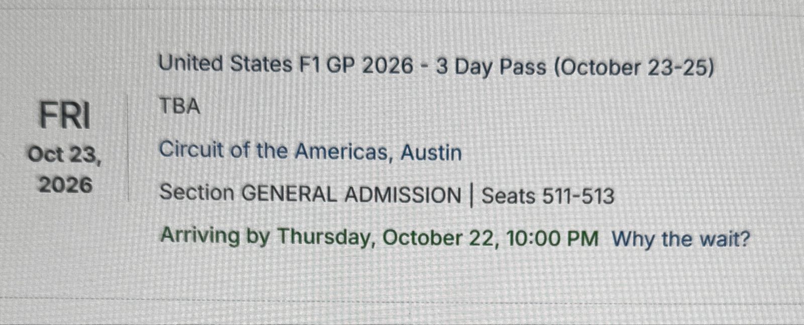 United States F1 GP 2026 - 3 Day Pass (October 23-25) at Circuit of the Americas Austin TX (3 People)