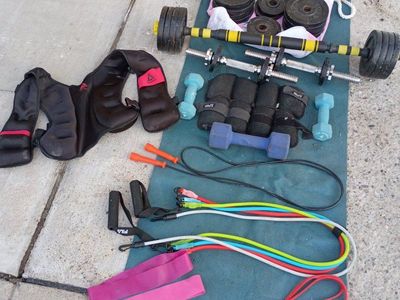 Complete Home Gym Set: Barbell, Dumbbells, Weighted Vest, Resistance Bands, Jump Rope & Mat