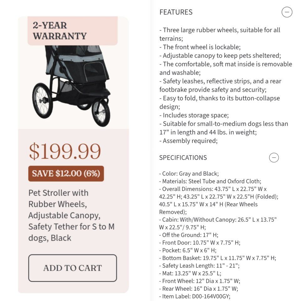 Pet Stroller w/ Rubber Wheels