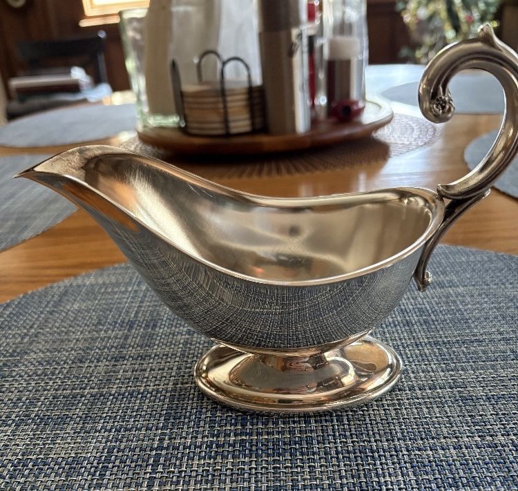 Vintage Silver Sauce Boat/Gravy Boat with Ornate Handle and Scalloped Edge