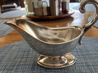 Vintage Silver Sauce Boat/Gravy Boat with Ornate Handle and Scalloped Edge