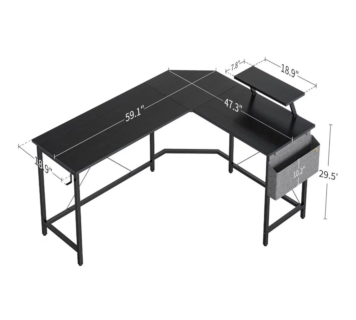 L-Shaped Corner Desk, 59.1" x 47.3" x 29.5", Dark Grey Wood Grain, Monitor Stand & Storage Bag