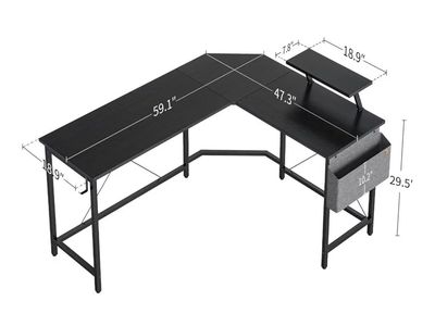 L-Shaped Corner Desk, 59.1" x 47.3" x 29.5", Dark Grey Wood Grain, Monitor Stand & Storage Bag