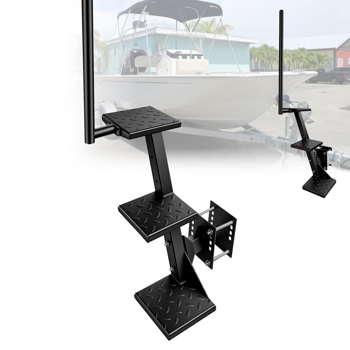 3-Step Heavy Carbon Steel Trailer Ladder with Handrail, 660 LBS Load Capacity Non-Slip Universal Boat Steps