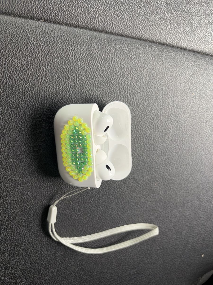 Custom Beaded Apple AirPods Pro Case with Lanyard - White & Green Bling Design