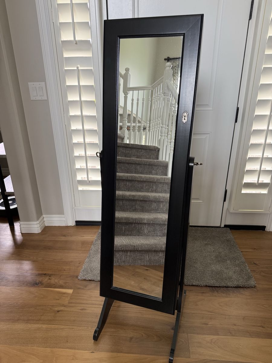 Black Full Length Mirror Jewelry Armoire Organizer Cabinet Stand w/ Storage Drawers