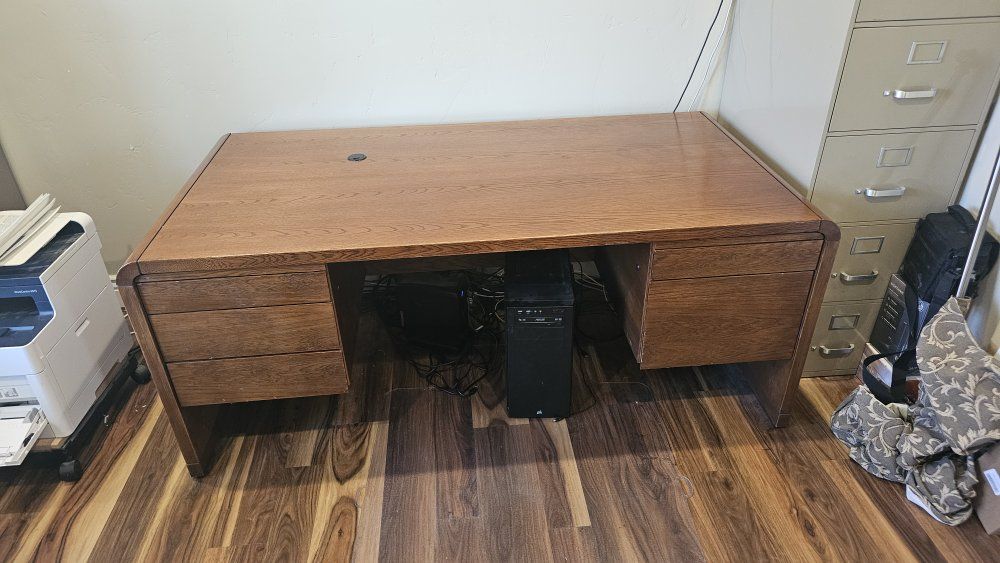 Large Wood Executive Office Desk with Built-In Drawers and Pull-Out Trays