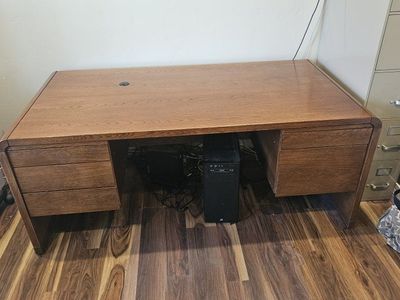 Large Wood Executive Office Desk with Built-In Drawers and Pull-Out Trays