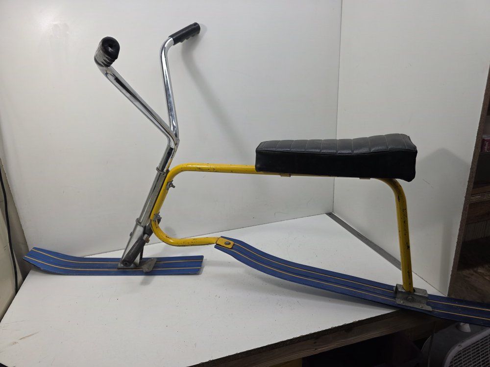 Vintage 1970s Wooster Sno-Ski Snow Bike Yellow Frame Blue Skis Sled