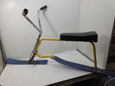 Vintage 1970s Wooster Sno-Ski Snow Bike Yellow Frame Blue Skis Sled