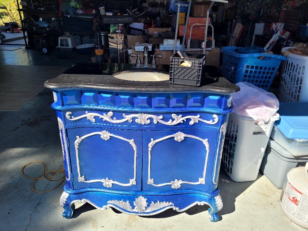 Blue & Silver Ornate Bathroom Vanity with Granite Top and Sink