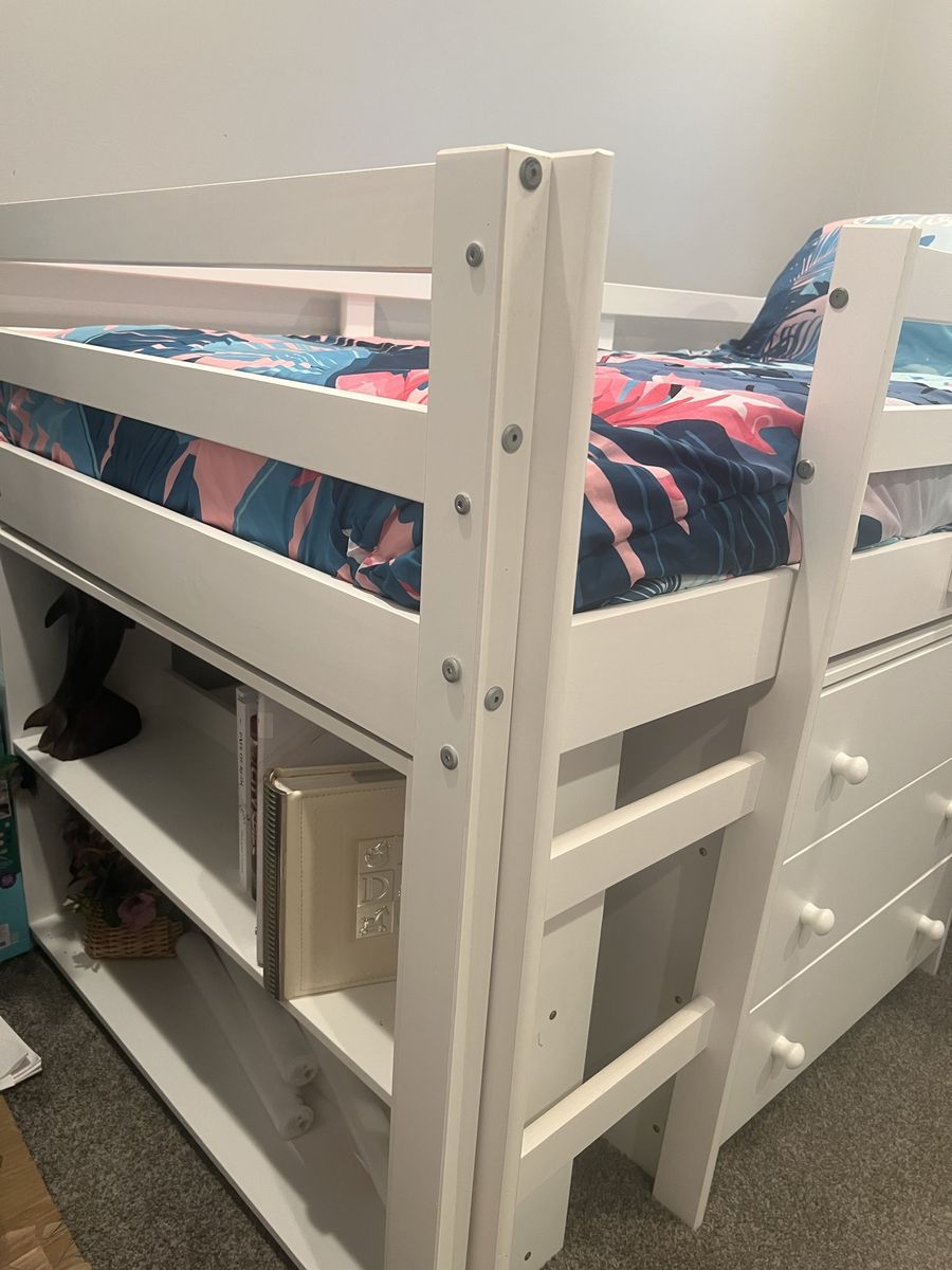 White Loft Bed with Desk & Storage