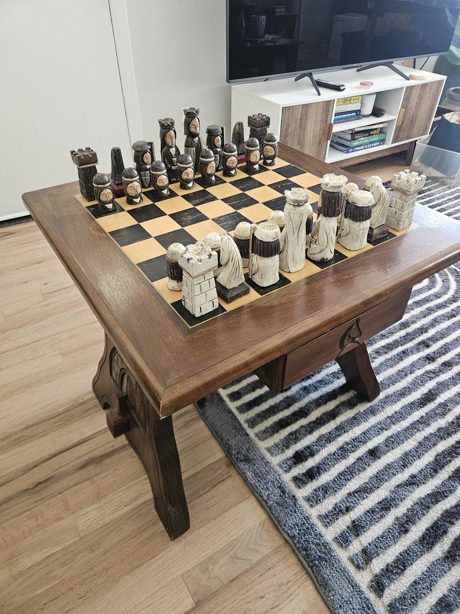Handcrafted Solid Wood Chess Table with Hand-Carved Chess Set from Spain