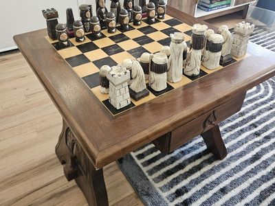 Handcrafted Solid Wood Chess Table with Hand-Carved Chess Set from Spain