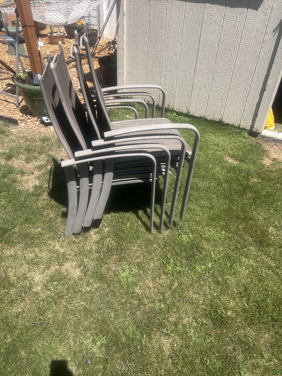Set of 4 Outdoor Patio Dining Chairs - Grey Sling Fabric & Aluminum Frame :PICK UP ONLY