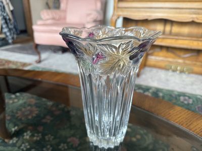 Glass Vase With Floral Pattern Around The Top