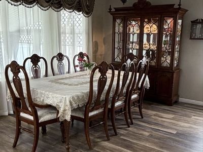 Traditional Dark Wood Dining Table Set with 8 Chairs