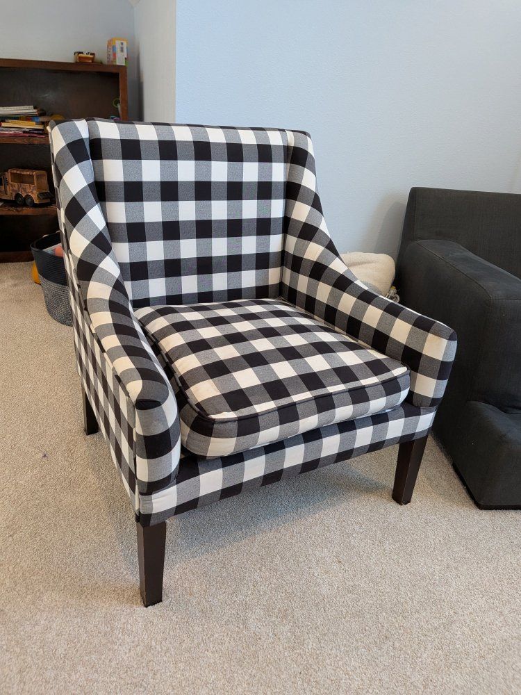 Black and White Buffalo Check Accent Chair with Dark Wooden Legs