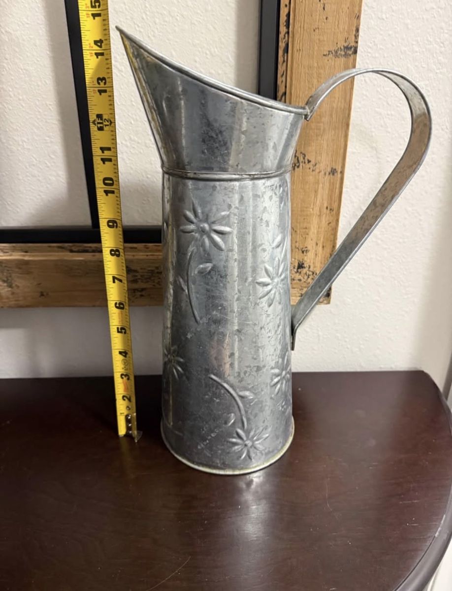 Rustic Galvanized Metal Floral Pitcher