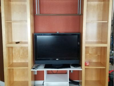 Blonde Wood Entertainment Center- Cubby shelves