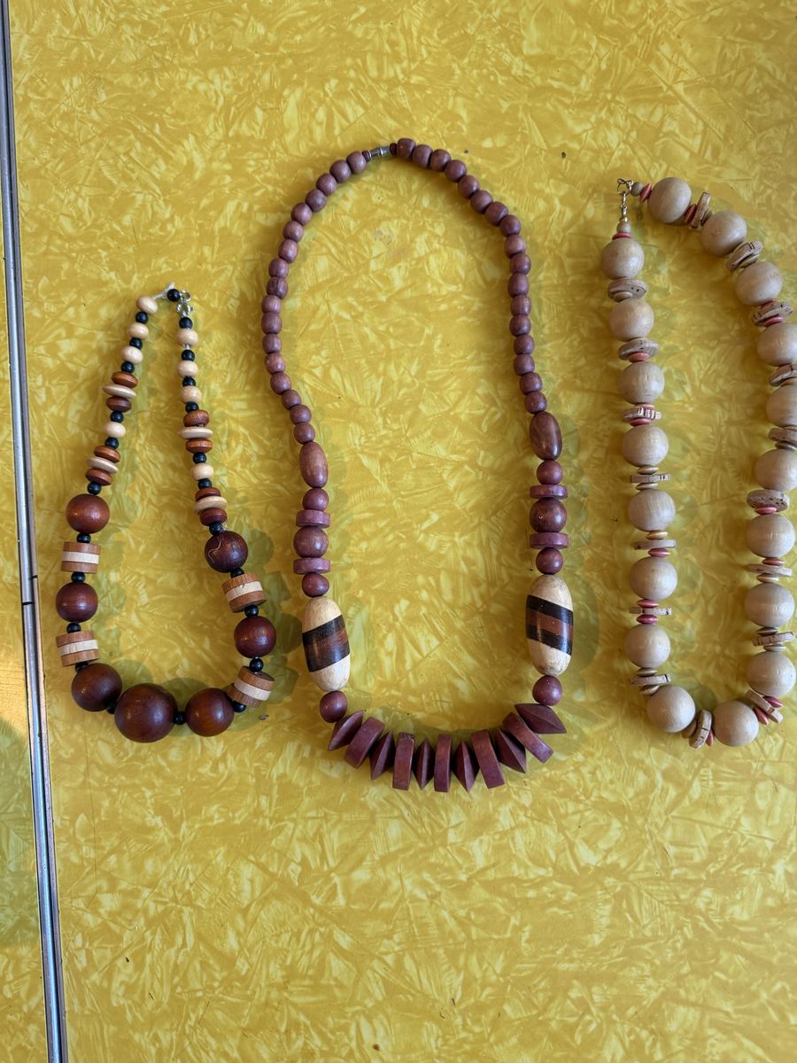 Vintage Wooden Boho Beaded Necklace Lot - Set of 3 Natural Wood Beaded Necklaces