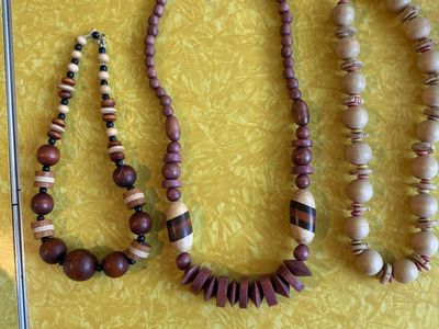 Vintage Wooden Boho Beaded Necklace Lot - Set of 3 Natural Wood Beaded Necklaces