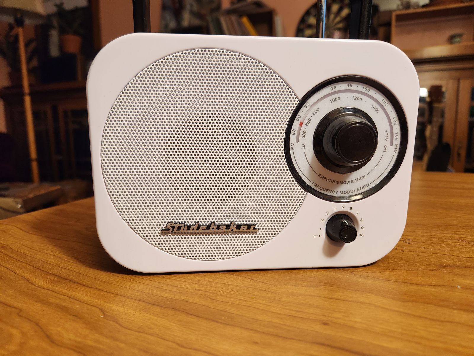 Studebaker radio.  Vintage looking.  Has a power chord or you can use batteries.  Works great.