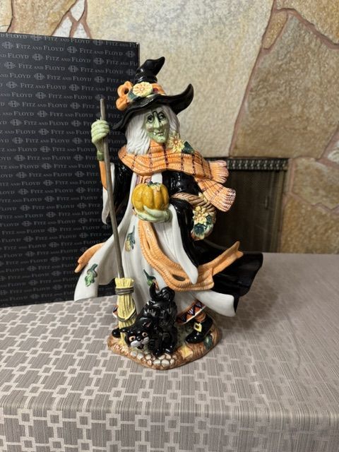 Fitz and Floyd Halloween Harvest Large Witch Figurine With Broom & Cat