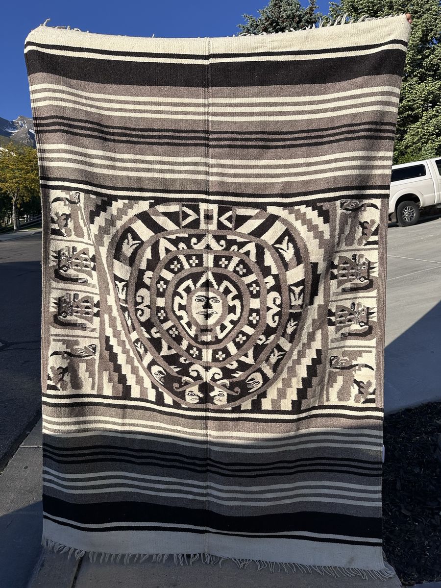 Vintage Hand Woven Aztec Warrior Native Rug / Wall Hanging Tapestry