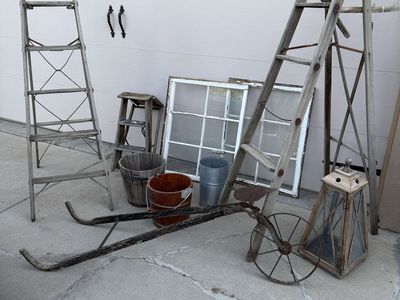 Antiques used for a wedding! Wood Ladders 6’ $60 each, plow $100, windows 34 X 28 $50 each
