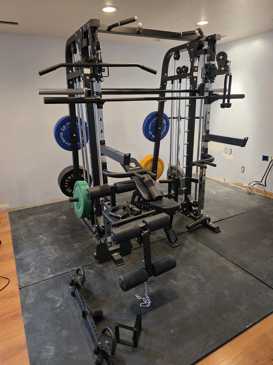All-in-One Home Gym Smith Machine, Plates, Bar, Bench and Mounted Leg Extension Rack