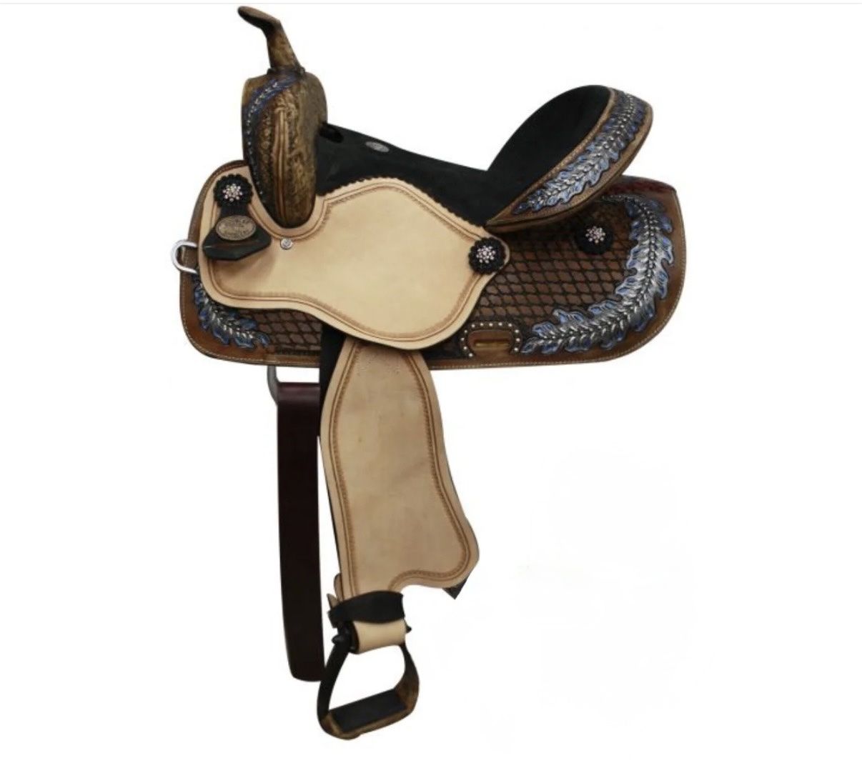 Western Saddle with Blue Floral Tooling and Accents
