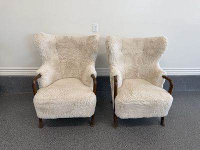 Pair of New Faux Fur High-Back Armchairs with Wood Accents