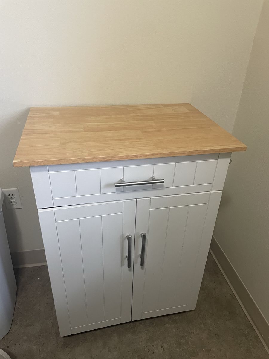 White Wood Kitchen Cart/Island with Butcher Block styled Top & Storage Cabinet - NEED GONE