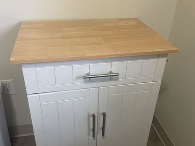 White Wood Kitchen Cart/Island with Butcher Block styled Top & Storage Cabinet - NEED GONE