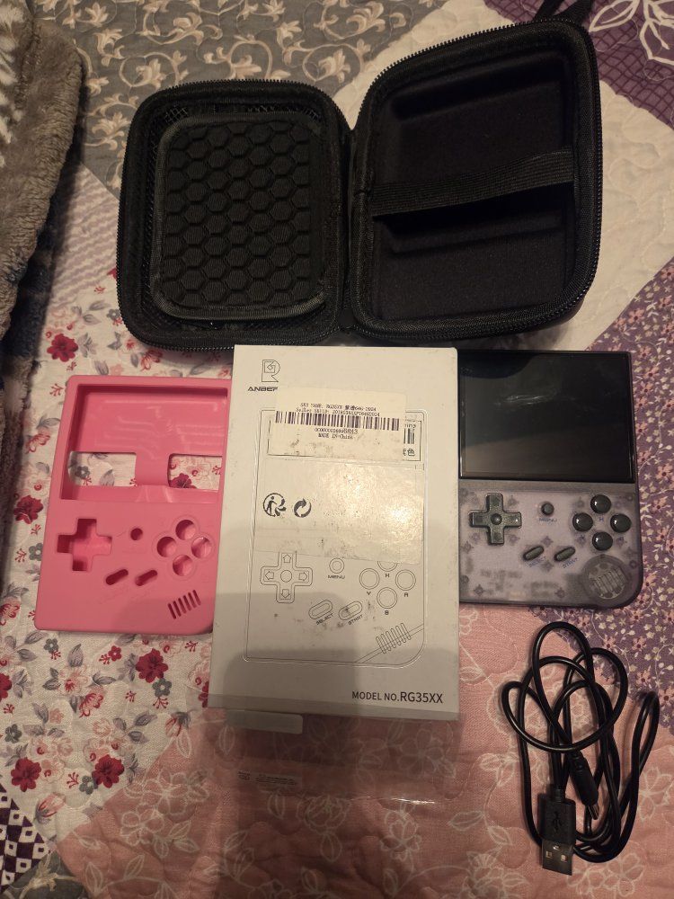 Anbernic RG35XX Plus Handheld Game Console - Transparent Purple with Case & Accessories