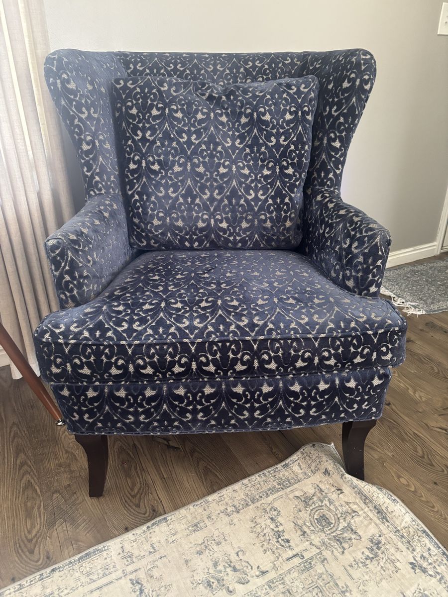 Blue Patterned Velvet Wingback Armchair Accent Chair with Pillow