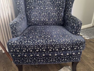 Blue Patterned Velvet Wingback Armchair Accent Chair with Pillow