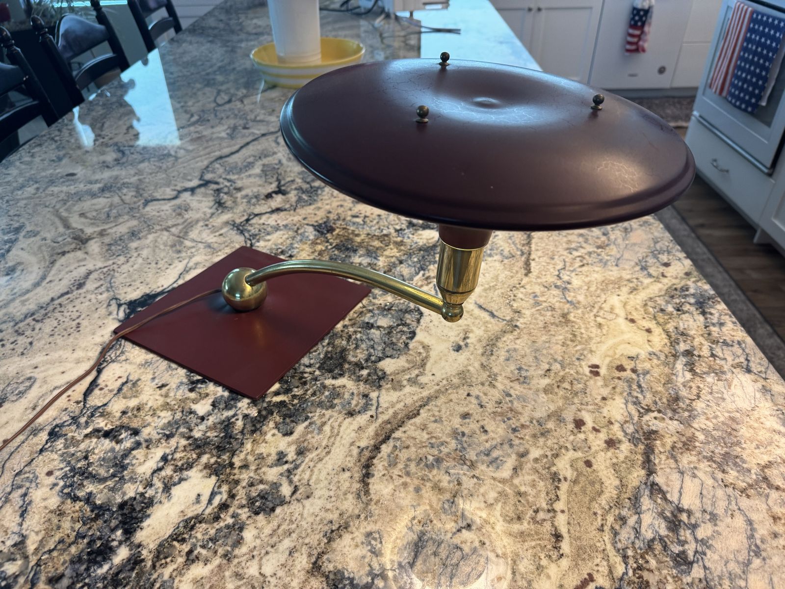 Vintage Mid-Century Modern UFO Flying Saucer Desk Lamp Brass Burgundy Red