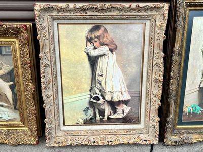 Vintage Framed Print: "Dignity and Impudence" by Sir Edwin Landseer, Girl with Dog Art, Ornate Frame