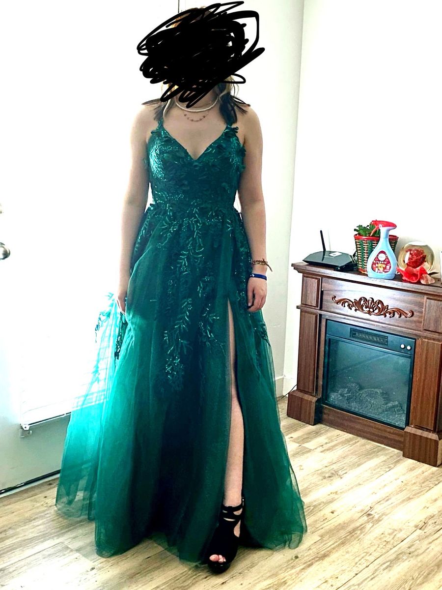 Dark Green Formal Prom Dress with Floral Appliques and Split Leg. Size Medium