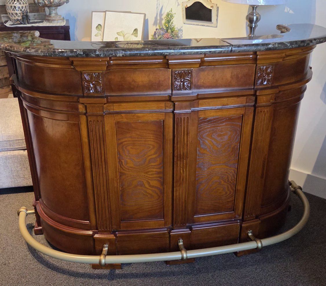 Coxambrey 68.9" Retro Delicacy Solid Wood Bar Table with Marble Top and Storage Brand New