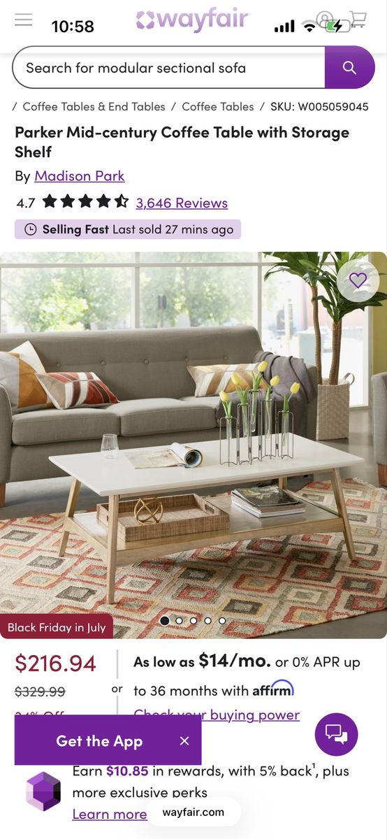 Madison Park Parker Mid-Century Coffee Table w/ Storage Shelf, 48" W, White/Natural